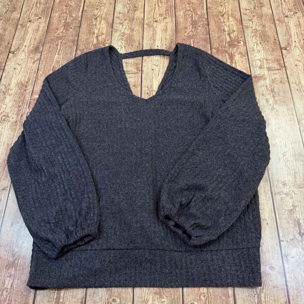 Liverpool Twist Back Sweater Womens Large Charcoal Gray Ribbed Balloon Sleeve